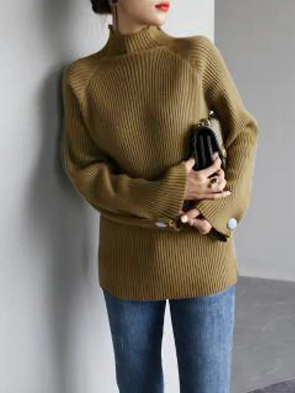 Simple Loose Solid Color High-Neck Sweater