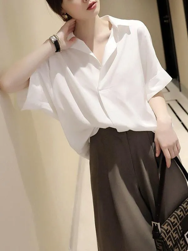 Simple Solid Color Batwing Sleeves Blouse