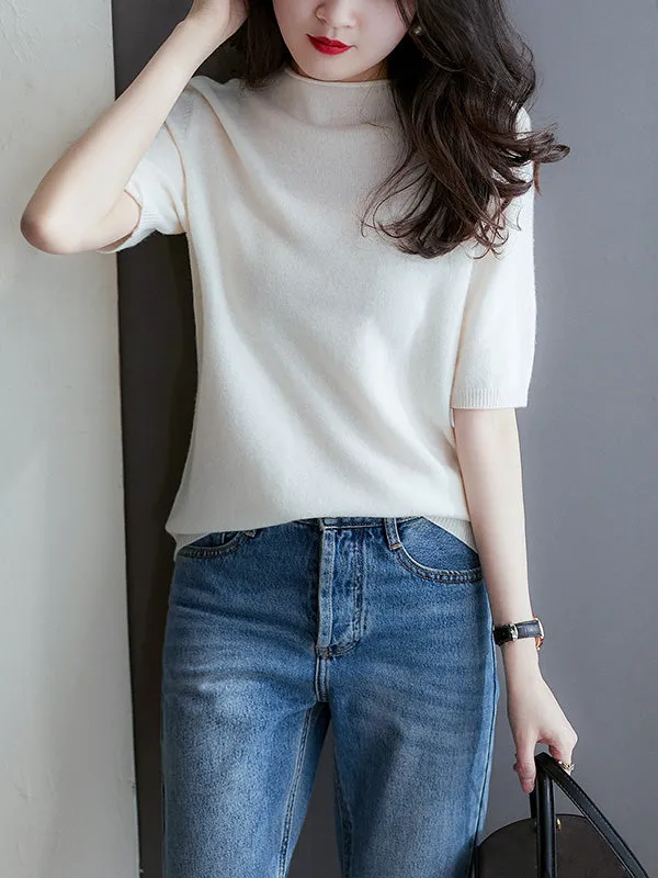 Simple Solid Color Round-Neck Short Sleeves Sweater