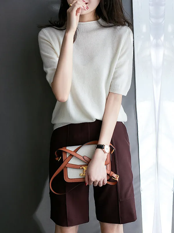 Simple Solid Color Round-Neck Short Sleeves Sweater