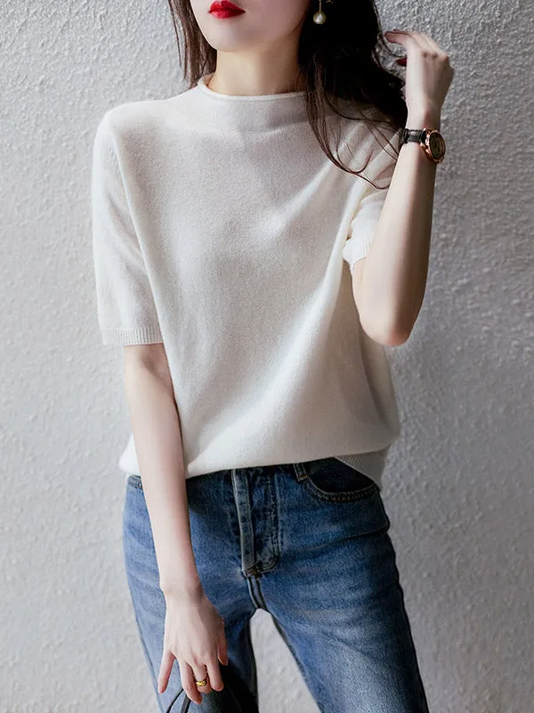 Simple Solid Color Round-Neck Short Sleeves Sweater