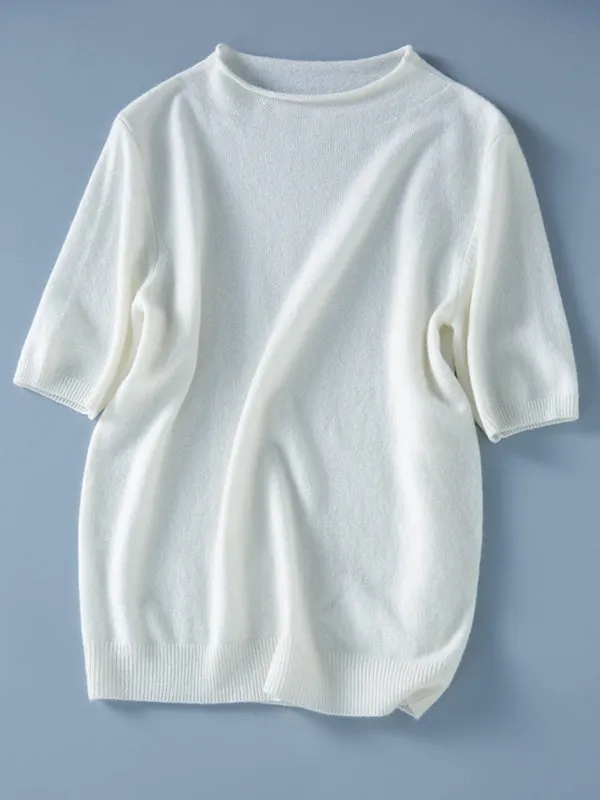 Simple Solid Color Round-Neck Short Sleeves Sweater