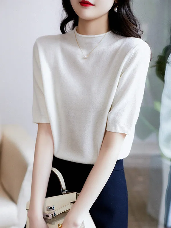 Simple Solid Color Round-Neck Short Sleeves Sweater