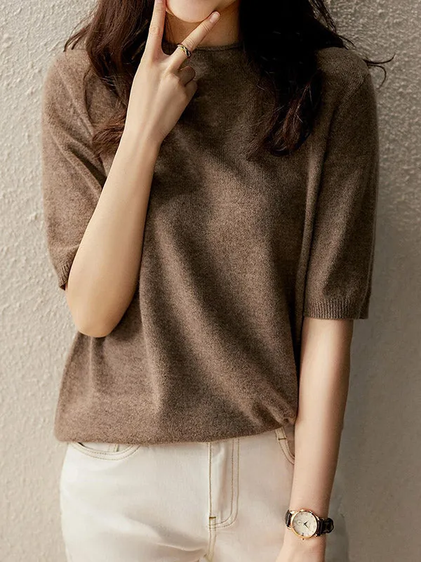 Simple Solid Color Round-Neck Short Sleeves Sweater