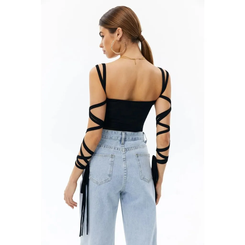 Solid Black Mesh Laced Arm Stretch Cami Crop Top