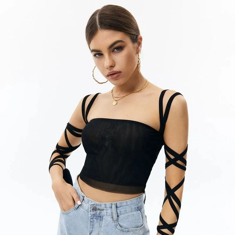 Solid Black Mesh Laced Arm Stretch Cami Crop Top