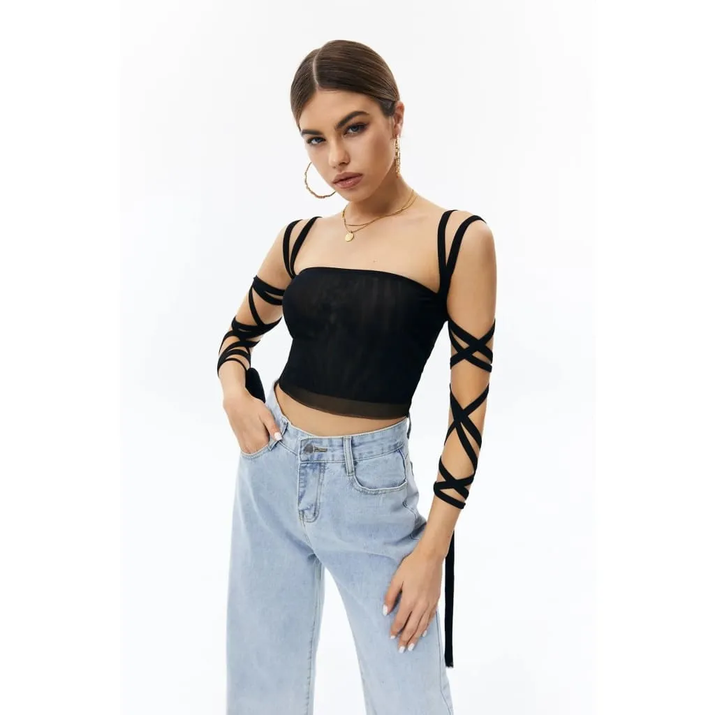 Solid Black Mesh Laced Arm Stretch Cami Crop Top