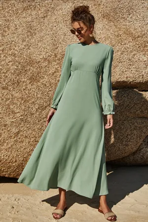 Solid Color Elastic Sleeve Dress