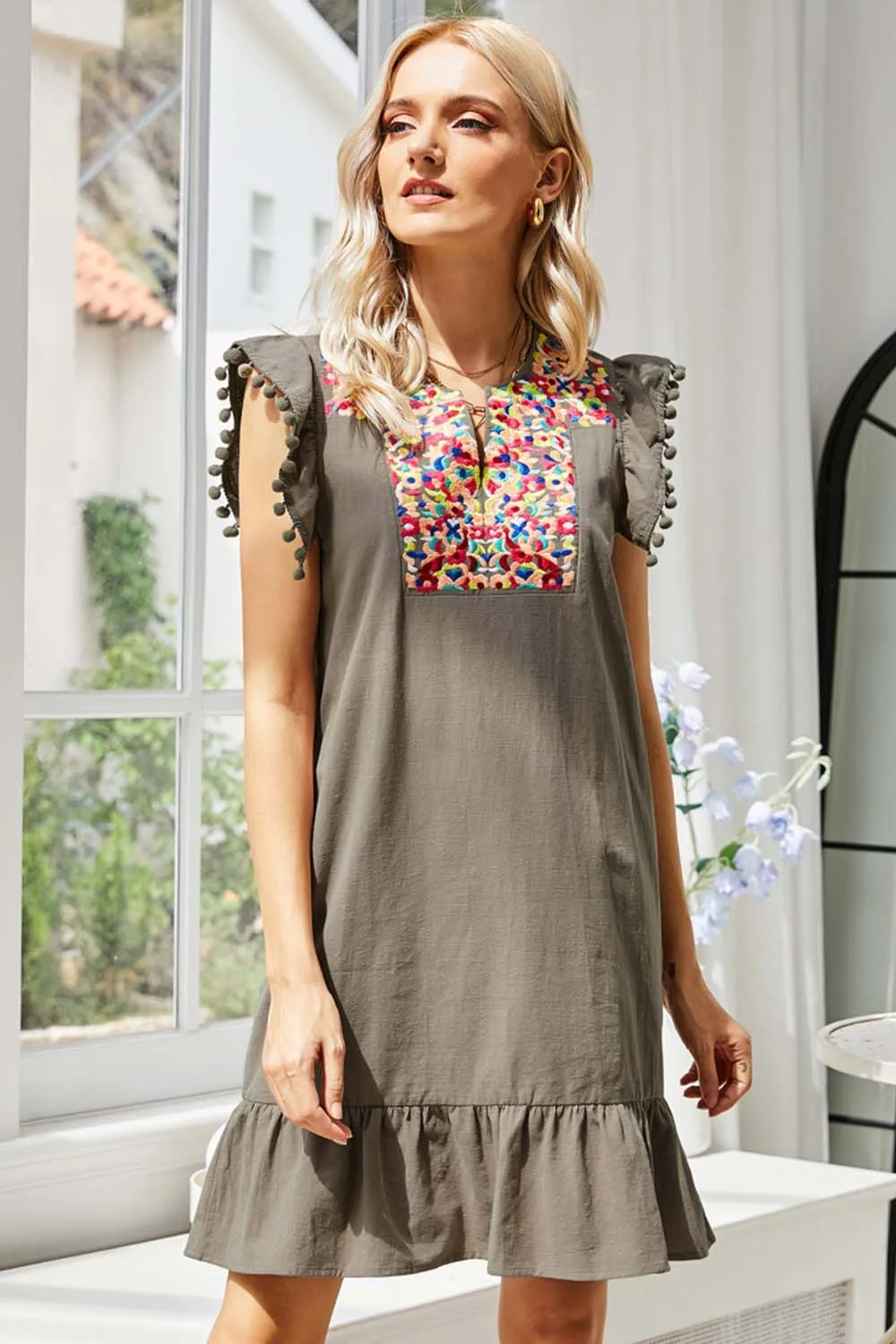 Solid Color Embroidered Dress