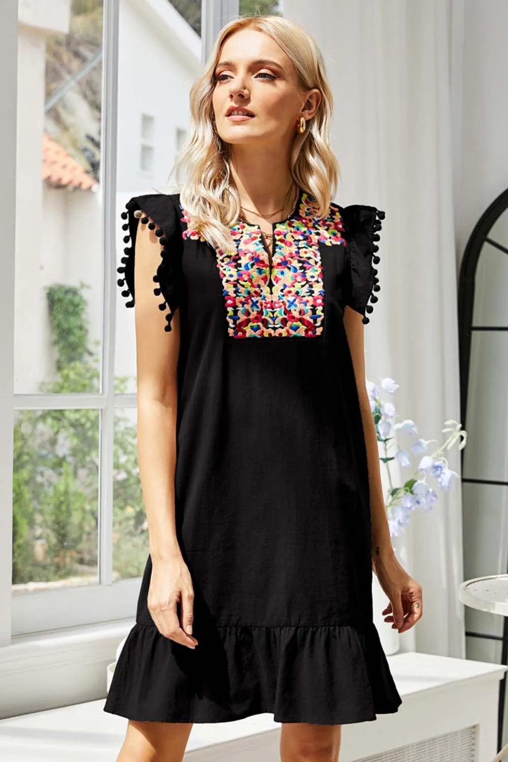 Solid Color Embroidered Dress