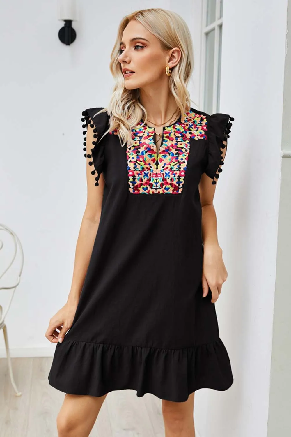 Solid Color Embroidered Dress