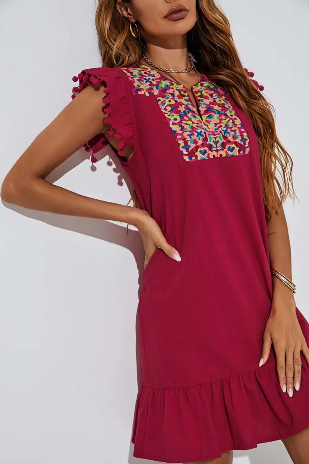 Solid Color Embroidered Dress