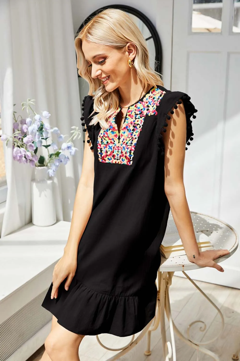 Solid Color Embroidered Dress