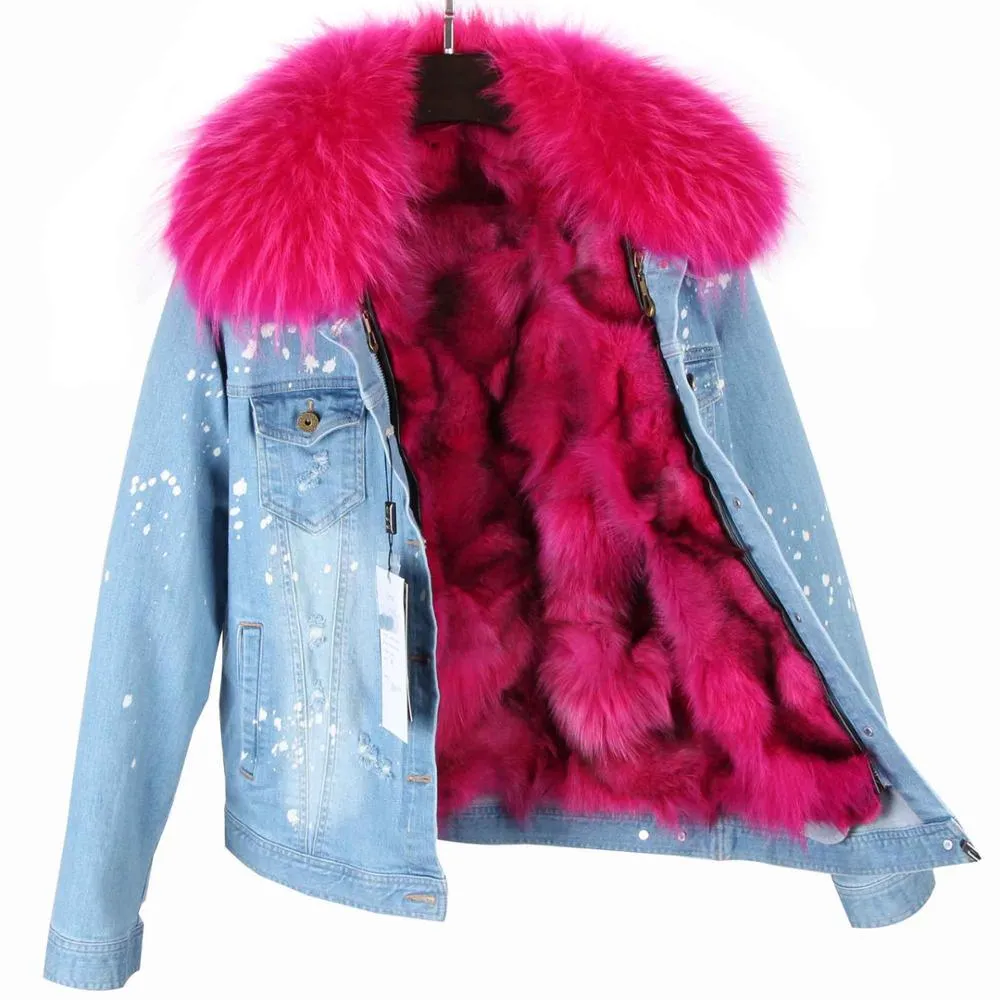 Splash Denim Real Fox Fur Liner Coats (Multi-Colors)