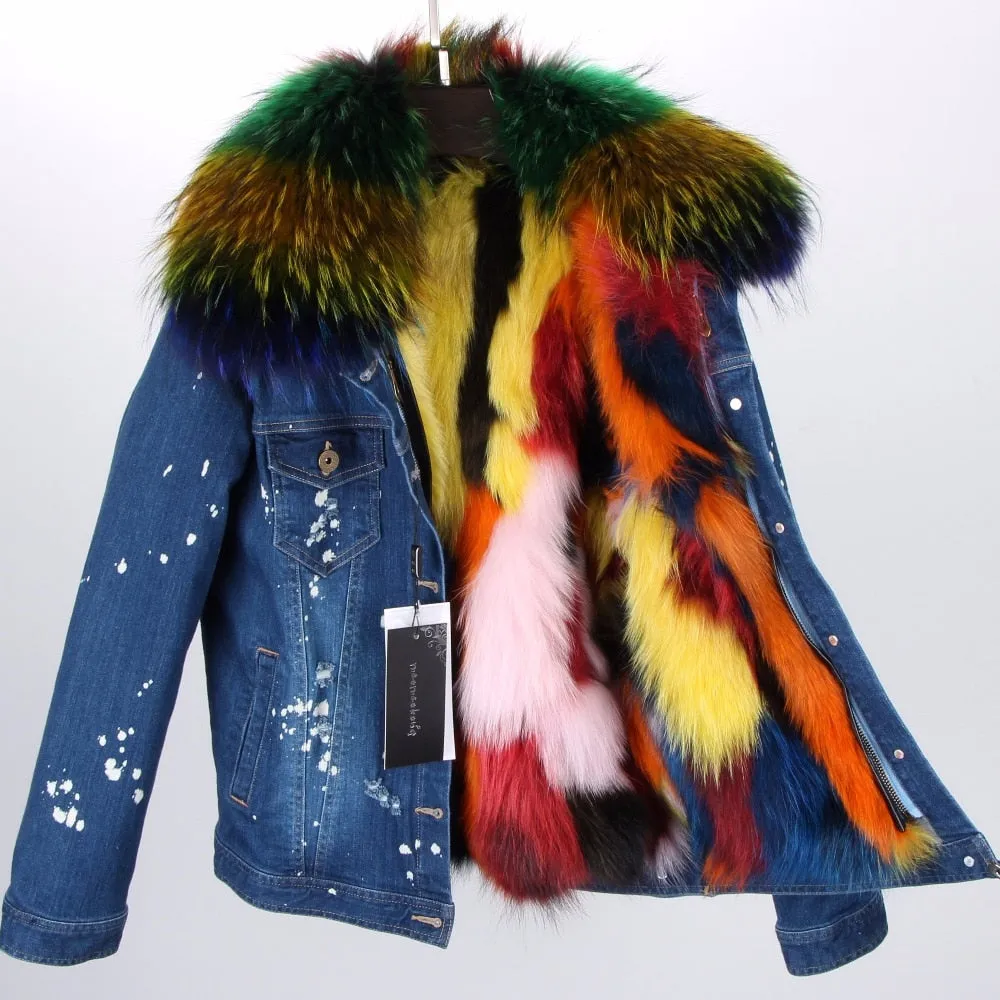 Splash Denim Real Fox Fur Liner Coats (Multi-Colors)