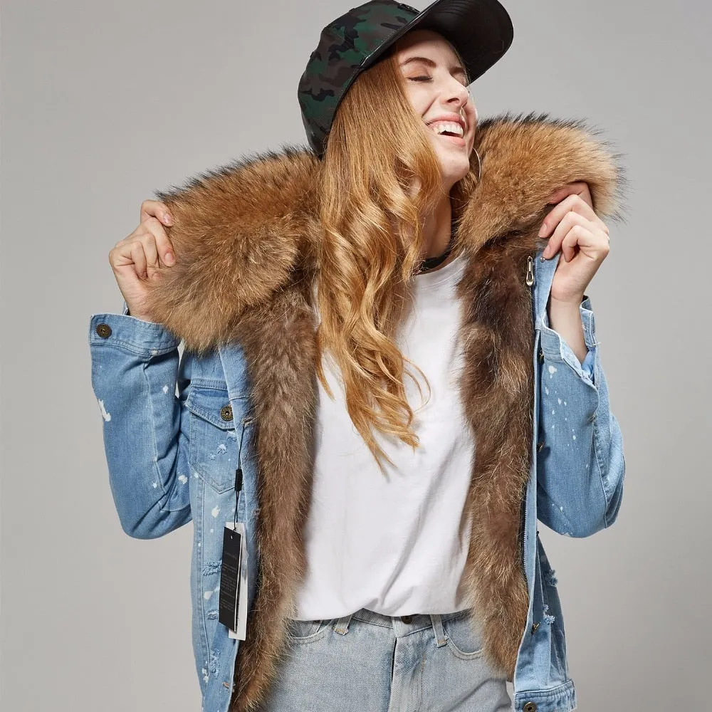 Splash Denim Real Fox Fur Liner Coats (Multi-Colors)