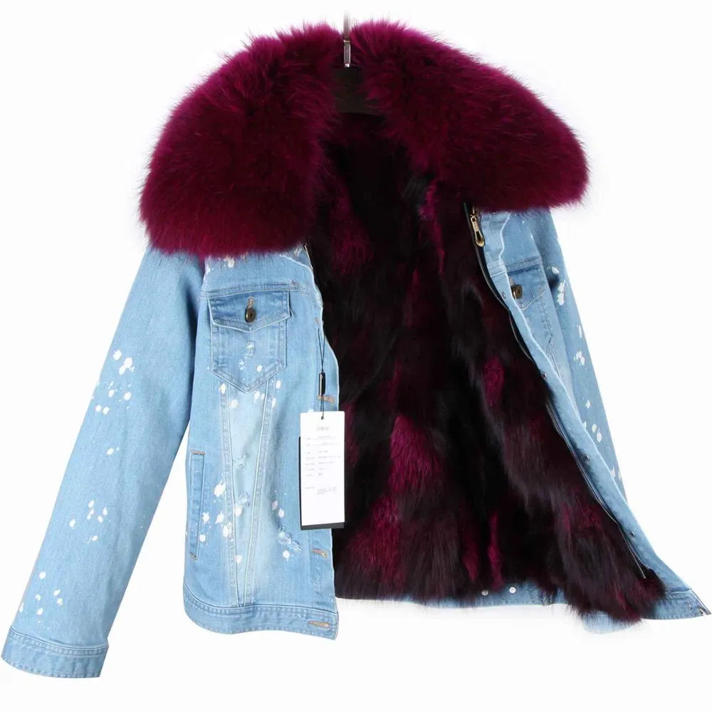 Splash Denim Real Fox Fur Liner Coats (Multi-Colors)