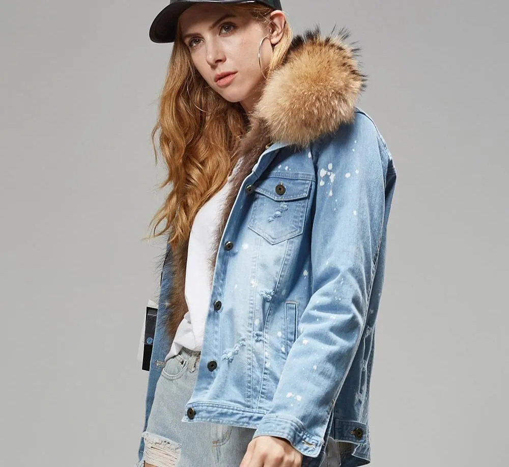 Splash Denim Real Fox Fur Liner Coats (Multi-Colors)