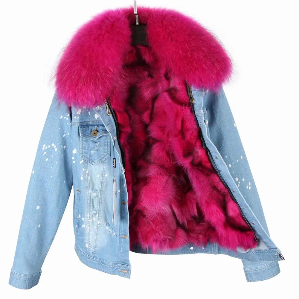 Splash Denim Real Fox Fur Liner Coats (Multi-Colors)