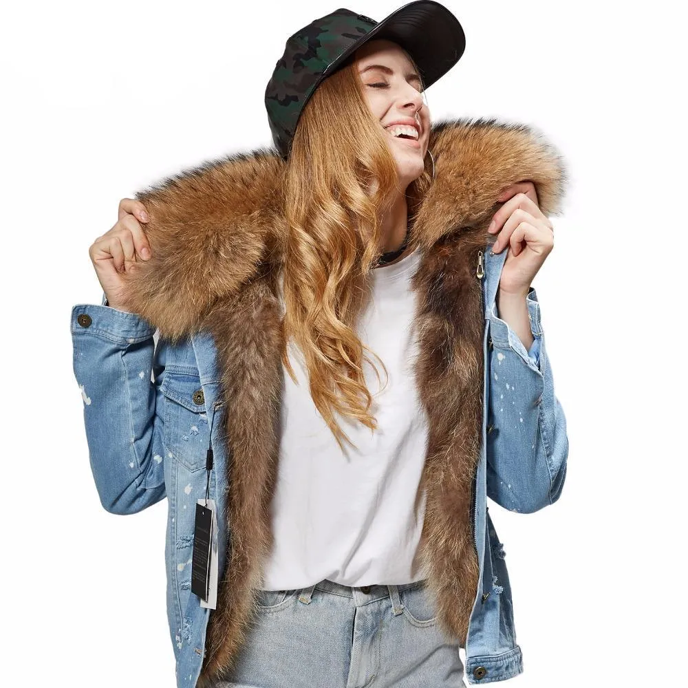 Splash Denim Real Fox Fur Liner Coats (Multi-Colors)