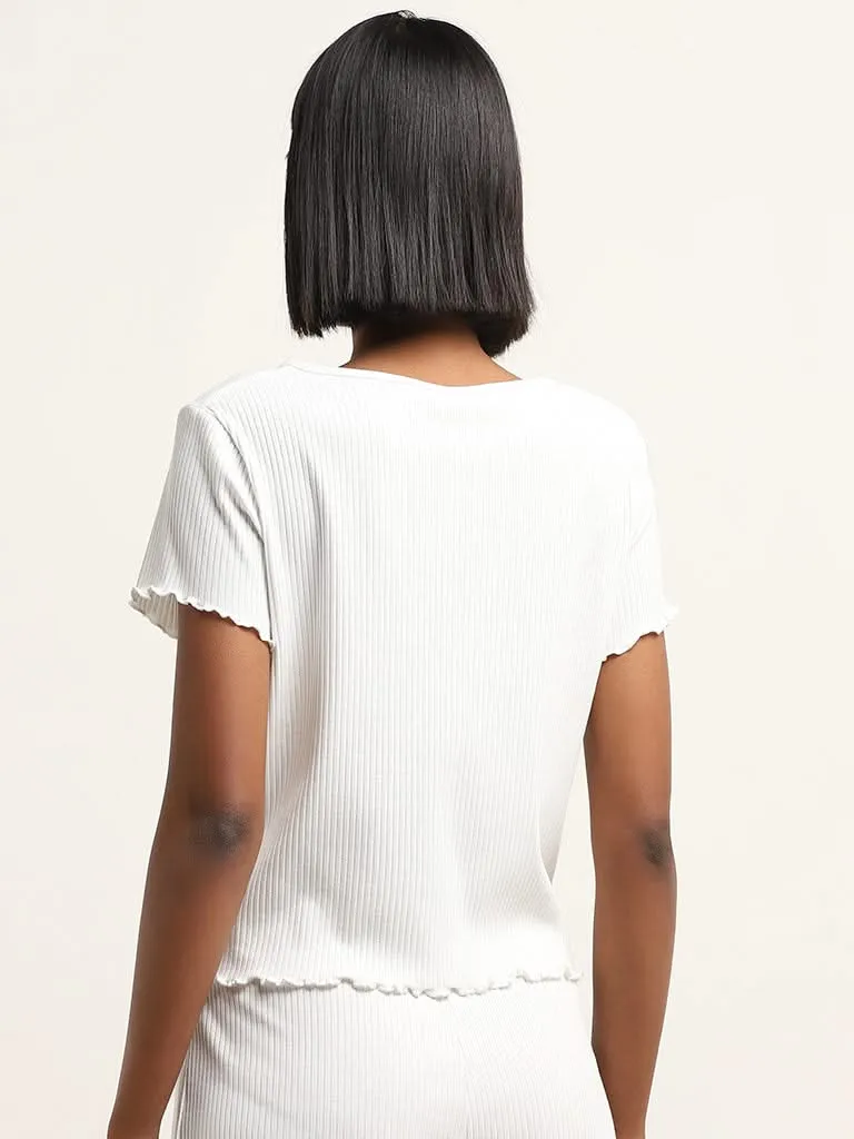 Superstar White Ribbed Textured T-Shirt