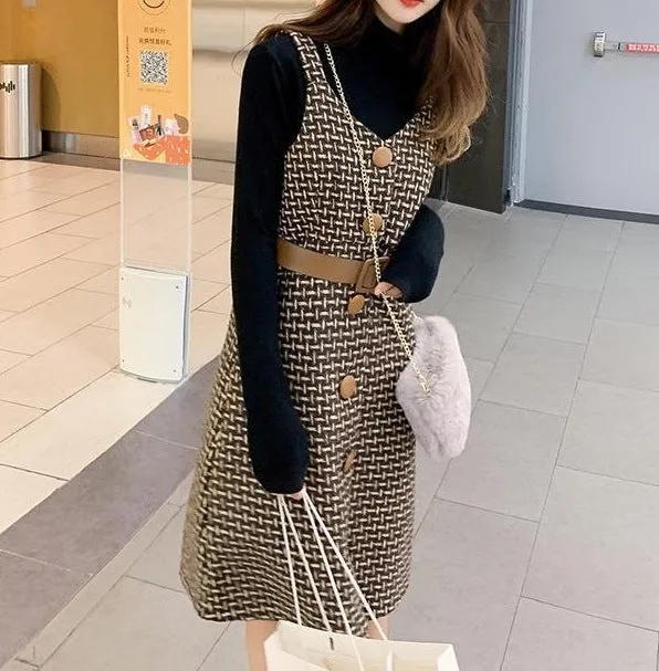 Toleet outfit inspo Korean Style Dress Set Women Autumn Winter Solid Base Sweater and Sleeveless Knee-Length Plaid Tweed Dresses