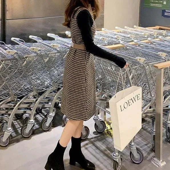 Toleet outfit inspo Korean Style Dress Set Women Autumn Winter Solid Base Sweater and Sleeveless Knee-Length Plaid Tweed Dresses