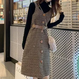 Toleet outfit inspo Korean Style Dress Set Women Autumn Winter Solid Base Sweater and Sleeveless Knee-Length Plaid Tweed Dresses