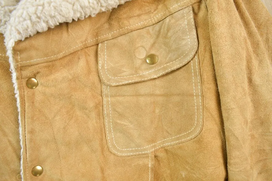 Vintage 1970s Genuine Leather Faux Fur Lined Beige Coat