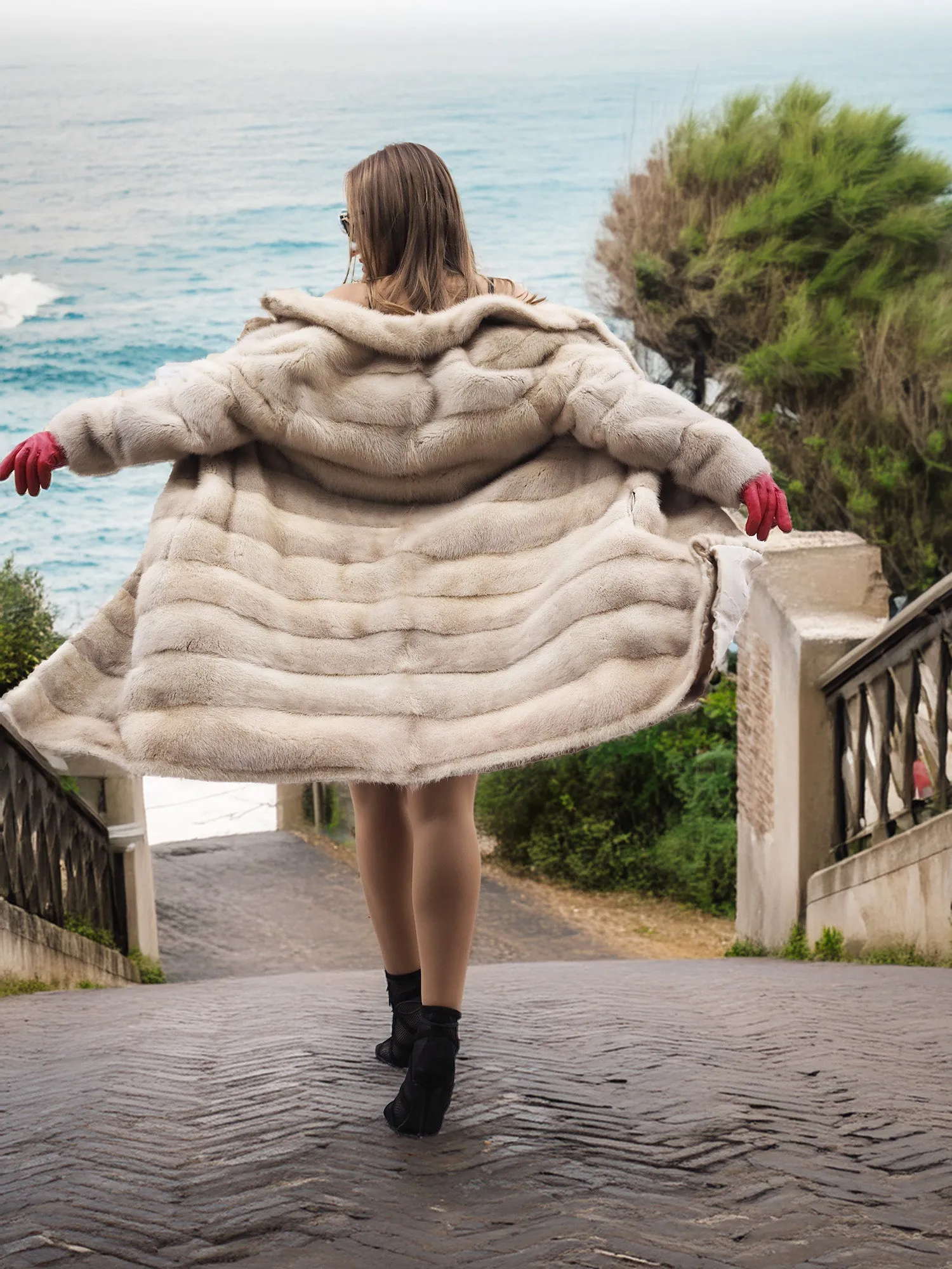 Vintage Beige Pearl Mink Fur Coat Horizontal Design S/M