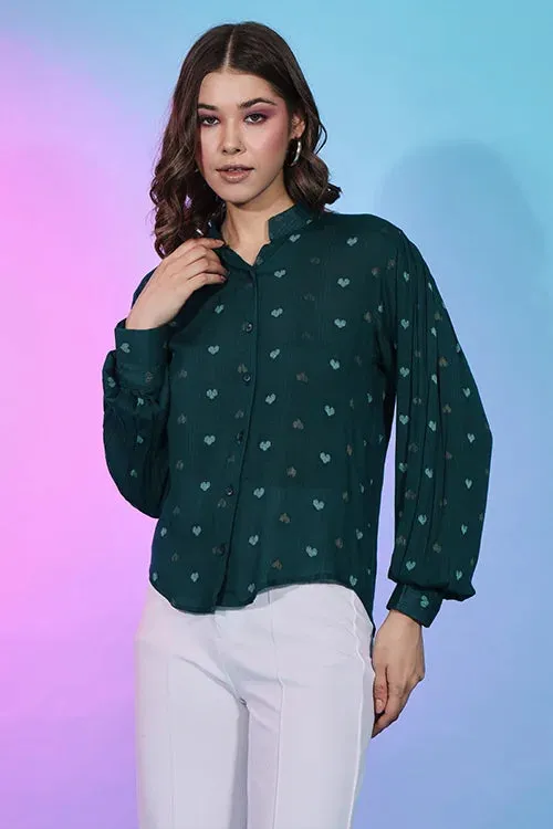 Western Style Green Viscose Rayon Self Design Collar Pattern Top