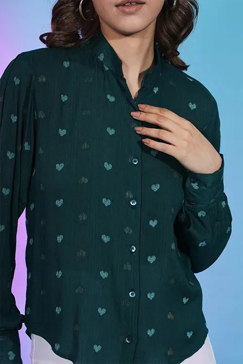 Western Style Green Viscose Rayon Self Design Collar Pattern Top