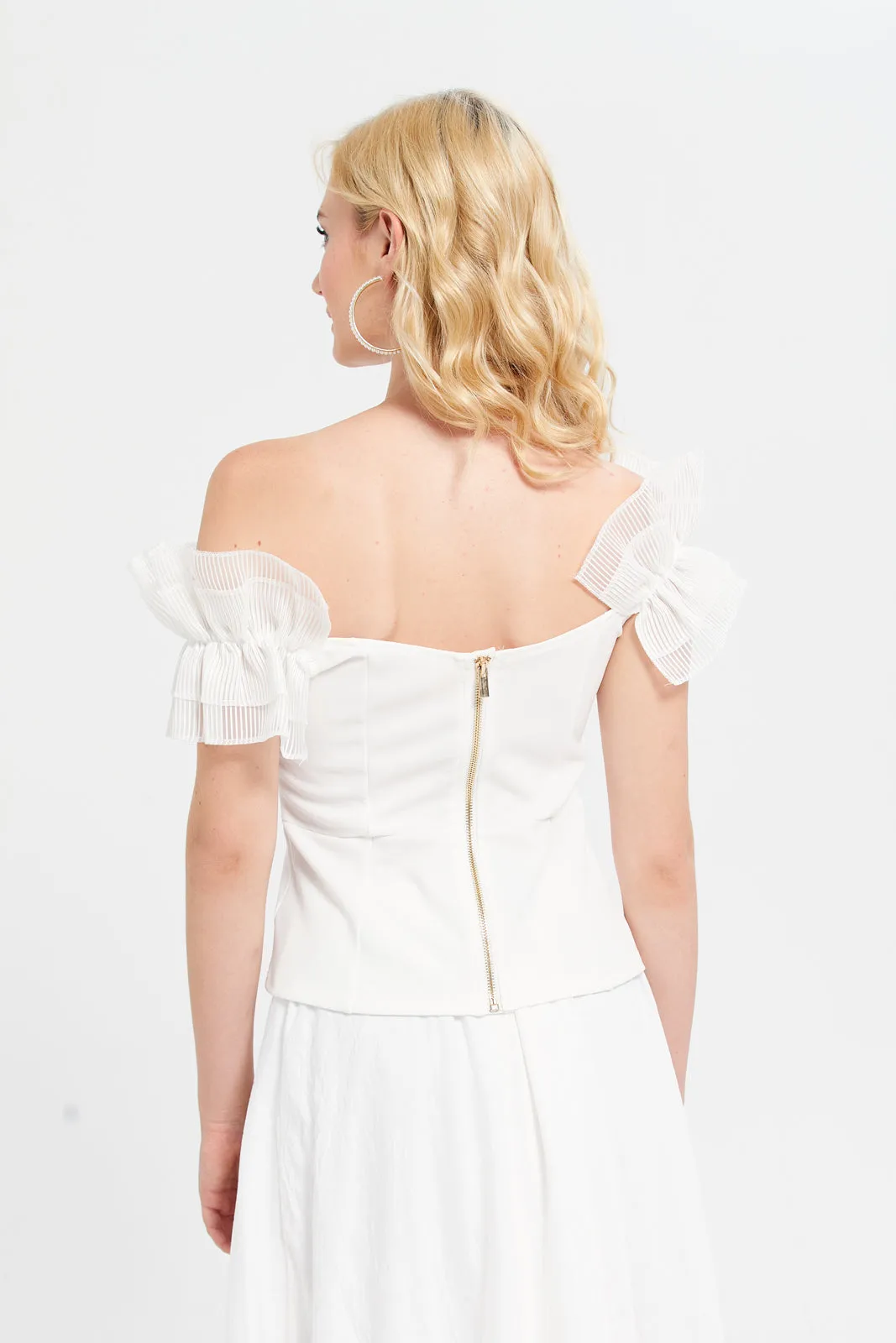 Women White Ruffled Top