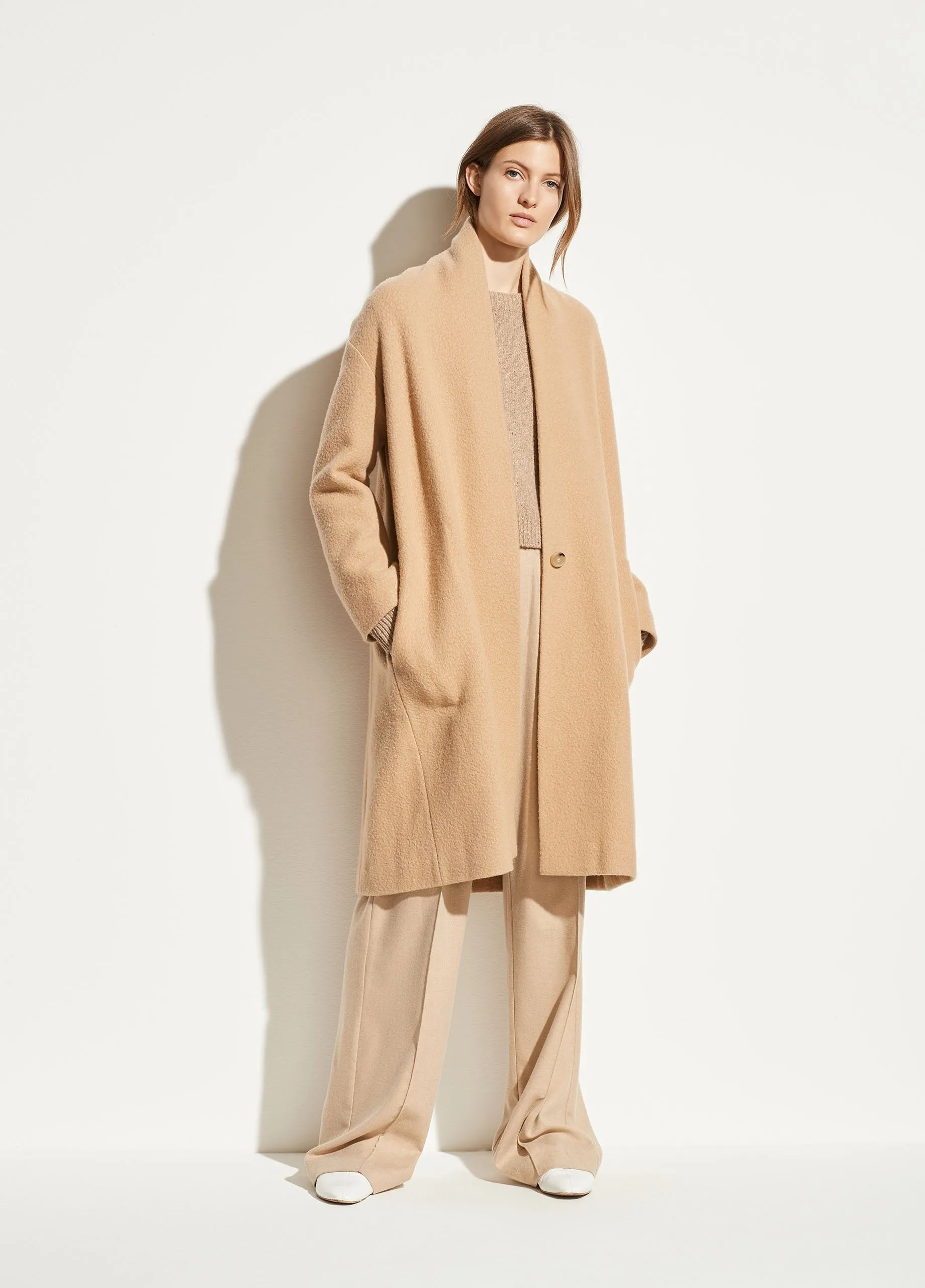 Wool Collarless Coat in Limestone