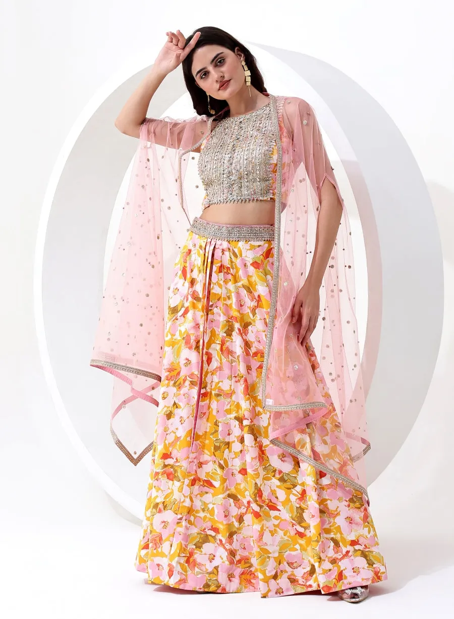 Yellow and Pink Floral Digital Print Crop Top and Skirt with Jacket Style Dupatta.