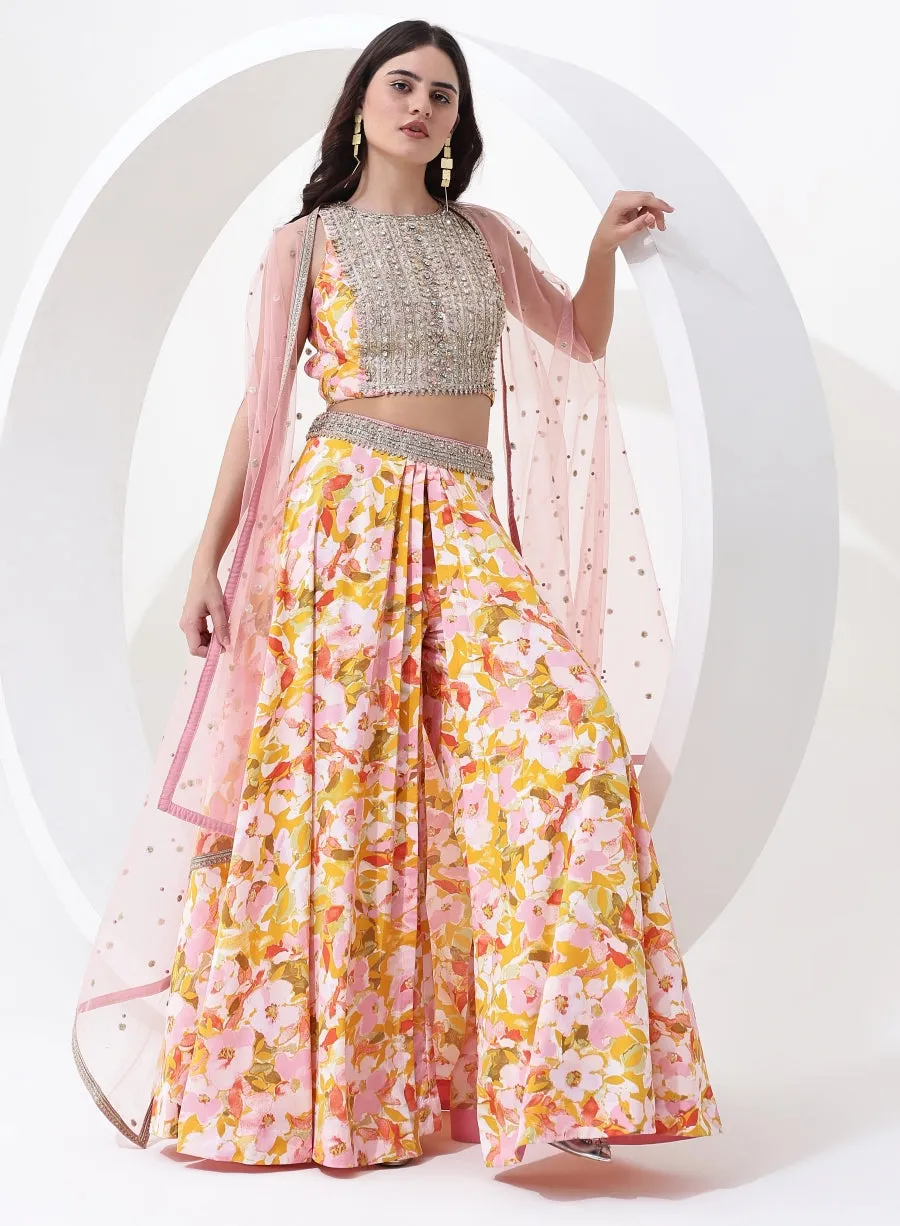 Yellow and Pink Floral Digital Print Crop Top and Skirt with Jacket Style Dupatta.