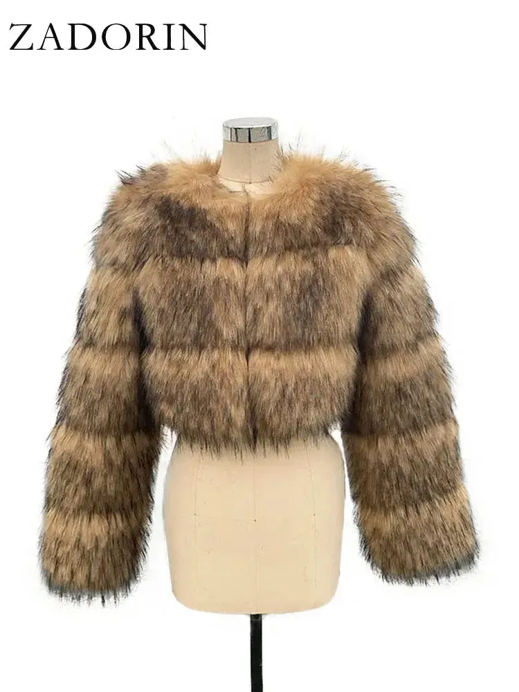 ZADORIN High Quality Cropped Faux Raccoon Fur Coat Women Winter